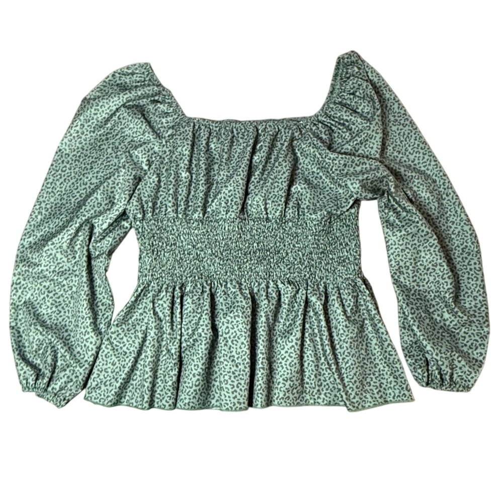 Shein Curve Smocked Peplum Top Leopard‎ Print Long Sleeve Blouse 1XL Bubble
